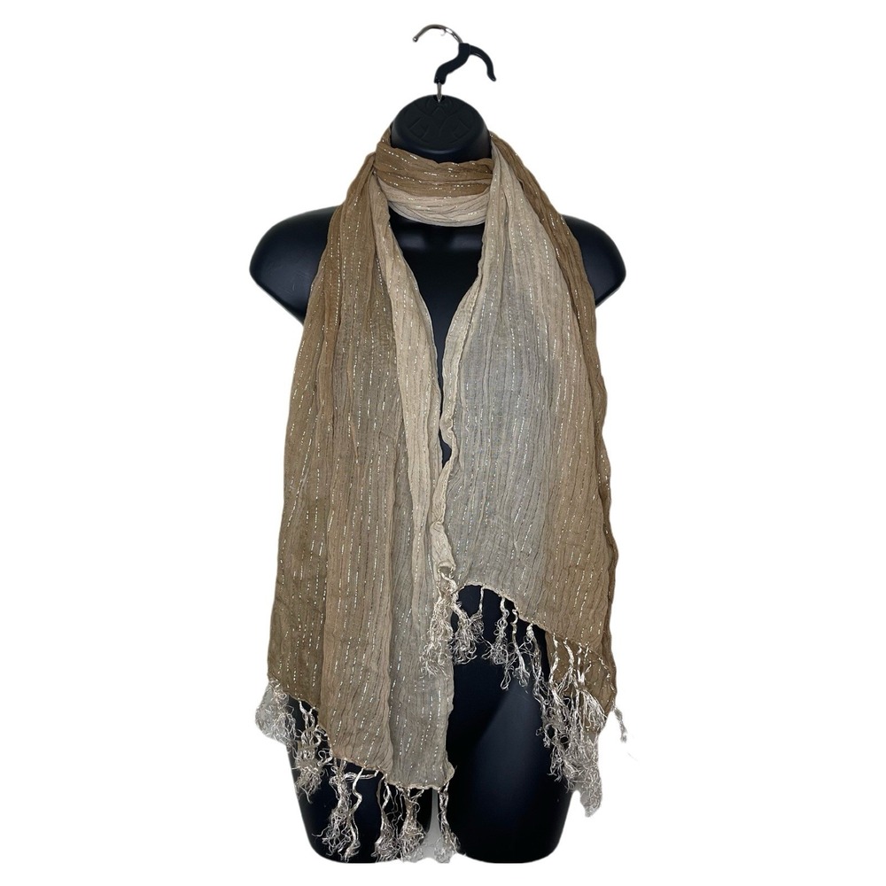 Vintage Scarf Womenโ Tan Gold Metallic Shimmer Crinkle Tassel Fringe Wrap Shawl
